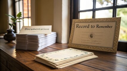 Elegant desk with organized documentation and memory recording sheets under natural light in a cozy interior setting