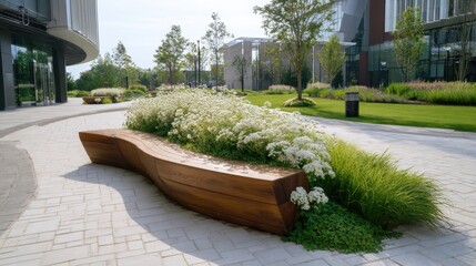 Contemporary wooden bench integrating into curved urban park design. Featuring modern landscaping. Lush green grass. Delicate white flowering plants