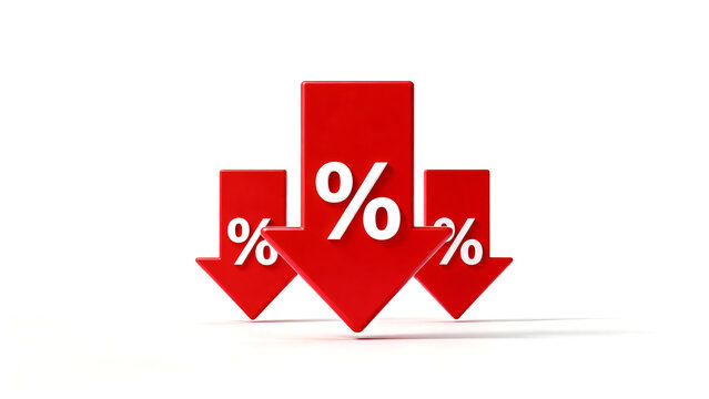 Red arrows with percentage symbols showing a decline in statistics or prices on a white background