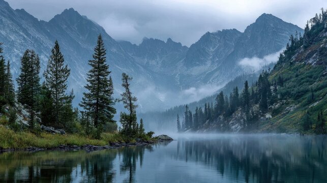Serene mountain lake surrounded by misty peaks and tall evergreen trees at dawn