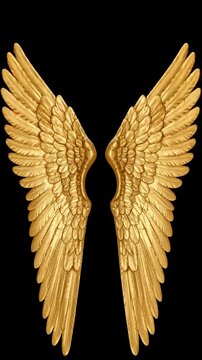 Isolated pair of ornate metallic gold wings with feathers on a solid black background, suitable for angelic, mystical, or fantastical themes.