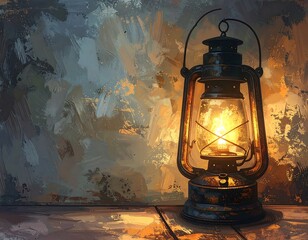 Illuminated oil lantern against a textured, impressionistic background