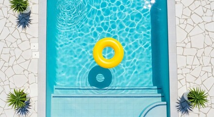 A vivid overhead perspective captures a summer scene of pure relaxation, with a bright yellow inflatable ring floating playfully amidst the cool turquoise waters of a pristine swimming pool.