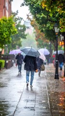 Rainy street view, people walk under umbrellas in blurred focus