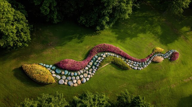 Aerial view of a winding artistic garden bed shaped like a snake, featuring colorful flowers and river stones creating a beautiful landscape design within a green park