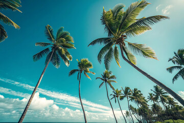 Palm trees on a tropical beach under a blue sky evoke a perfect summer island vacation paradise