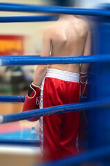 Abstract composition with blue and red dynamic elements on combat sports - boxing ring corner with fighter?s silhouette, motion blur, and space for text