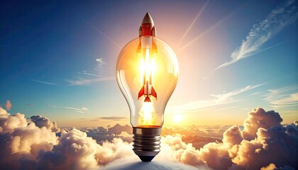 Rocket blasting off inside bright lightbulb against sky