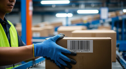 Worker scans package in logistics facility during busy afternoon hours