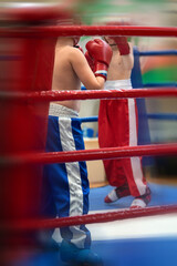 Abstract composition with red and blue elements on combat sports - sparring scene in the ring, space for text