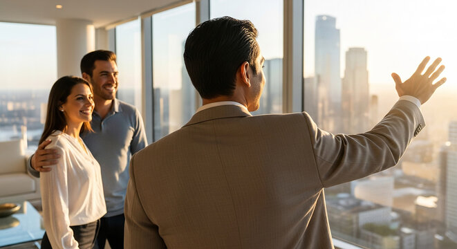Real estate agent presents luxury city views to potential buyers in a high-rise apartment
