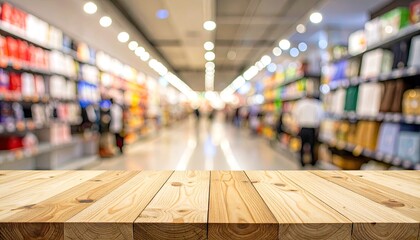 Blurry aisle view above a wooden tabletop