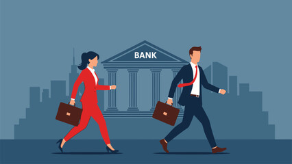 Fototapeta premium Businessman and Businesswoman Running Towards Bank Building in City