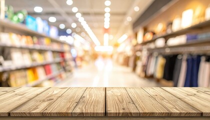 Blurred store background with a wooden tabletop in foreground