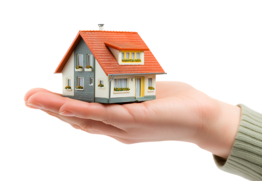 Hand Holding Miniature Dream House isolated on transparent background