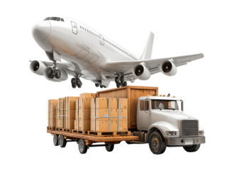 Global Supply Chain: Airplane Taking Off Over Delivery Truck Carrying Shipment Boxes isolated on transparent background
