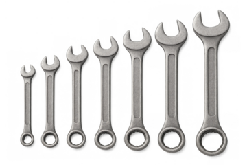 Metal wrench set varying in size, mechanic tools for repair work, auto maintenance and construction