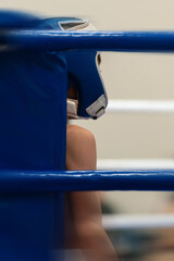 Abstract composition on combat sports - boxing ring corner with fighter?s silhouette, motion blur, and space for text