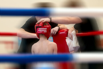 Abstract composition with red and blue elements on combat sports - rest between rounds, space for text