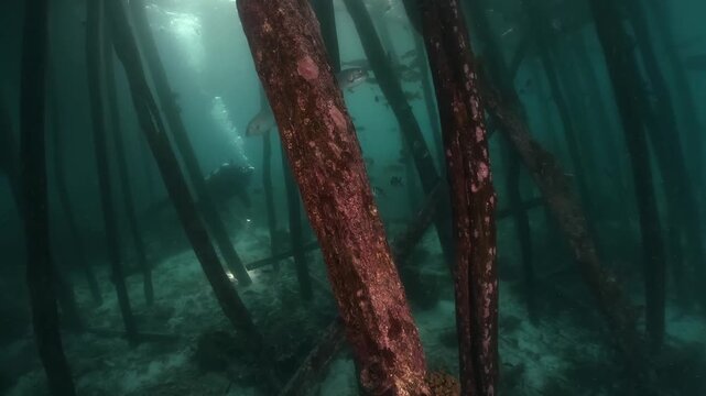 underwater scenery of schooling of fishes and the structure of wooden poles under the jety