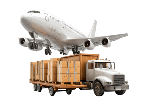 Global Supply Chain: Airplane Taking Off Over Delivery Truck Carrying Shipment Boxes isolated on transparent background - Powered by Adobe