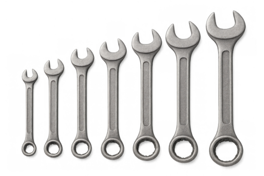 Metal wrench set varying in size, mechanic tools for repair work, auto maintenance and construction - Powered by Adobe