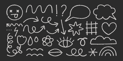 Hand-drawn chalk doodle drawings of various shapes. Wax crayon textures, speech bubbles, lines, geometric elements on black background. Grunge vector silhouettes