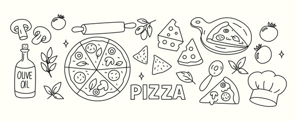 Pizza doodle set hand drawn food illustration with cheese, tomato, mushrooms, olive oil and Italian ingredients