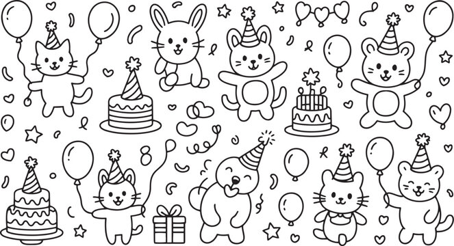 Cute doodle animals wearing party hats with balloons and birthday cakes cartoon