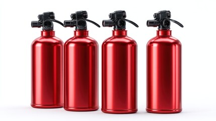 Red fire extinguishers in a row isolated on a transparent background