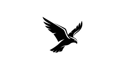 A bold black silhouette of an eagle soaring with wings spread against a stark white background