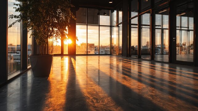 Contemporary empty workspace with floor to ceiling windows basking in golden hour light, casting long shadows and reflections on a polished concrete floor beside a potted plant