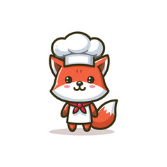 Cute cartoon fox character wearing a chef's hat and apron, standing with a friendly expression.