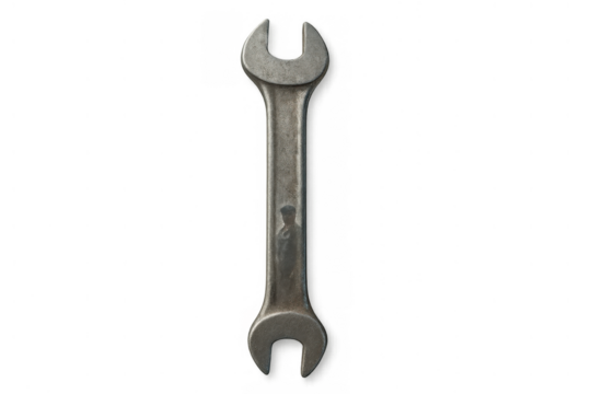 Hand tool, open-end wrench, or spanner, made of metal, used for repair, maintenance, and construction tasks