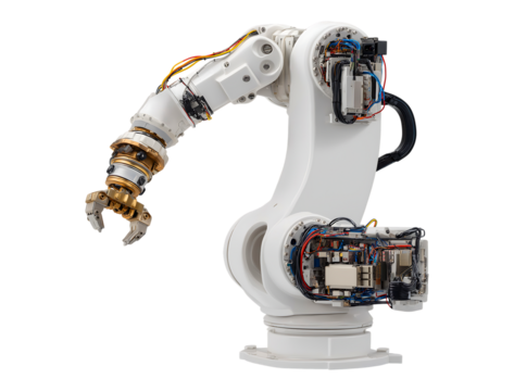 Industrial Robotic Arm Revealing Internal Wiring and Gears isolated on transparent background