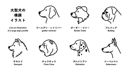 大型犬の横顔のシンプルな線画イラストセット（ゴールデン・レトリバー、ブルドッグなど）