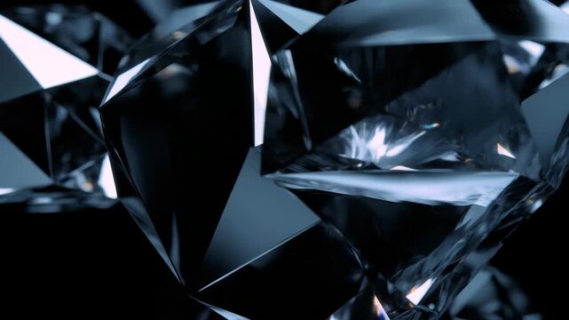 Abstract black crystal facets create a mesmerizing background with sharp angles and reflections, presenting a broken light composition in a dark environment