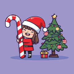 Cute Child in Santa Outfit Hugging Candy Cane Beside Decorated Christmas Tree – Whimsical Vector Illustration for Holiday and Childhood Themes