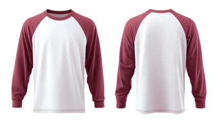 Front and back view of a long-sleeve, crew neck athletic top with contrasting burgundy raglan sleeves