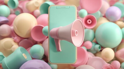 Smartphone with megaphone against a backdrop of colorful spheres communication concept