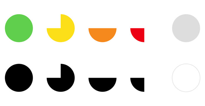 Minimalist, flat graphic icons showing circles and pie chart segments (full, three-quarter, half, quarter) in a two-row layout with multiple colors and black/white options