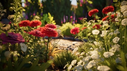 lush,vibrant,colorful,overgrown,garden,wild,blooming,flowers,foliage,nature,warm,inviting,mystical,enchanted,dreamlike,ethereal
