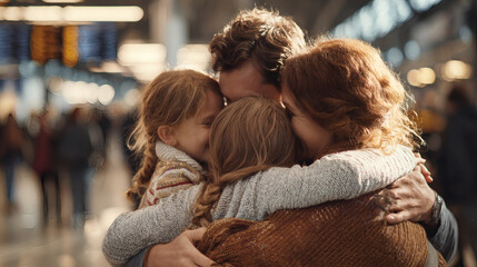 Family embracing warmly at airport, showing heartfelt reunion and travel emotions