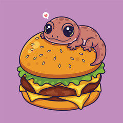Cute Gecko Resting on Cheeseburger with Heart Symbol – Whimsical Vector Illustration for Food and Animal Mashup Themes