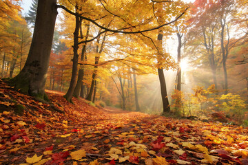 colorful autumn forest path with golden leaves in the park