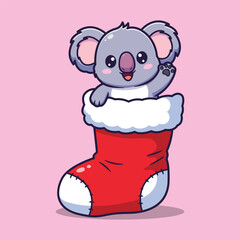 Cute Koala Waving from Inside Christmas Stocking – Whimsical Vector Illustration for Holiday and Animal Themes