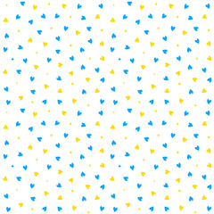Cute seamless pattern with small blue and yellow hearts. Playful random scattered hearts in Ukrainian flag colors. Perfect for gift wrapping, packaging, kids fabrics or Ukrainian projects. Vector