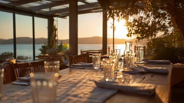 Outdoor dining table set for dinner with glassware, napkins and cutlery at sunset on a terrace overlooking water.