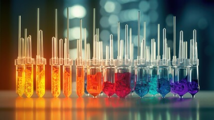 laboratory glassware, colorful liquids, scientific equipment, chemistry, medical research, vibrant colors, glass beakers, test tubes, scientific discovery, experimental setup
