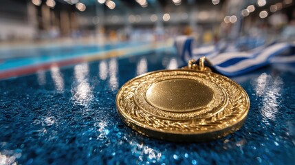 Shining gold medal resting on a reflective surface near a swimming pool during a competitive event in a sports facility